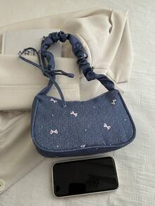 1 Pc Denim Fabric Smooth Zipper Bow Print Casual Fashionable Unique Shoulder Bag, Suitable For Women's Daily Use - Blue - View 7