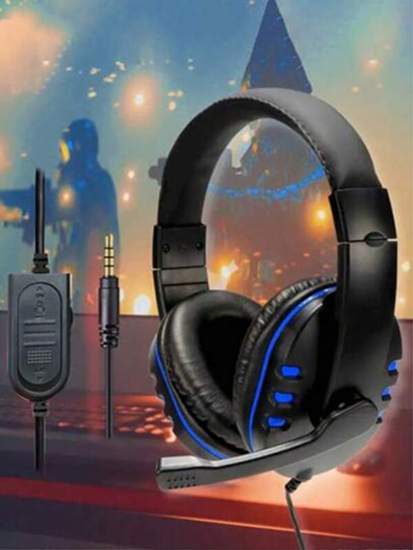 Over-Ear Wired Headphones With Microphone,3.5mm Plug,360° Surround Sound,Suitable  For Smartphone,Tablet,Computer,Game Audio Lc,Cool Cold Light,Skin-Friendly Breathable Cover