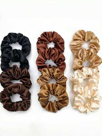 12pcs Silky Scrunchies Satin Scrunchies Black Brown Scrunchie Pack Ponytail Holder Hair Scrunchies Silk Scrunchy Hair Ties, Casual Hairbands
