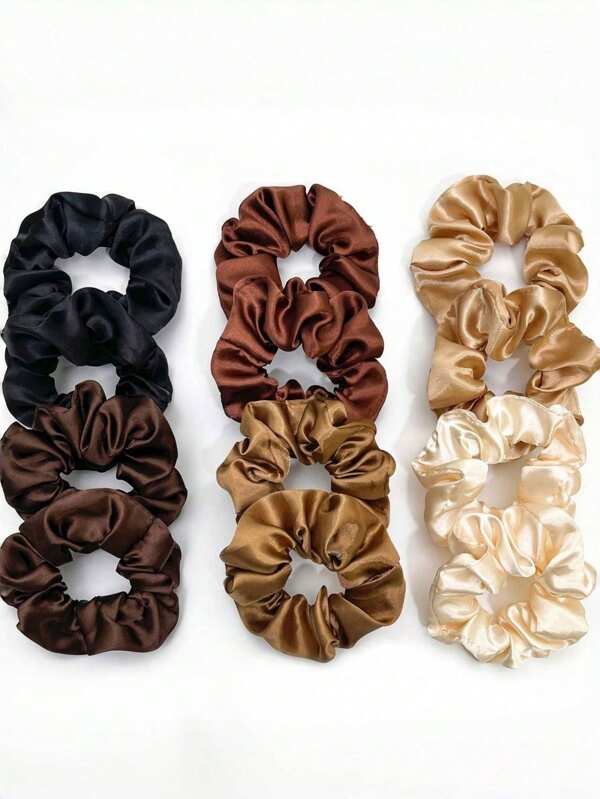 12pcs Silky Scrunchies Satin Scrunchies Black Brown Scrunchie Pack Ponytail Holder Hair Scrunchies Silk Scrunchy Hair Bands Hair Ties