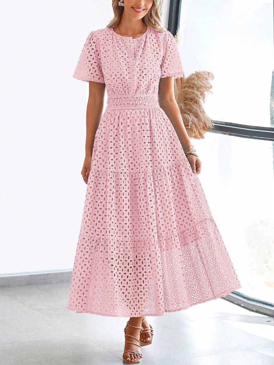 Womens Summer Maxi Dress Short Sleeve V Neck Hollow Out Eyelet A Line Long Flowy Beach Vacation Dresses - 粉色 - 查看 1