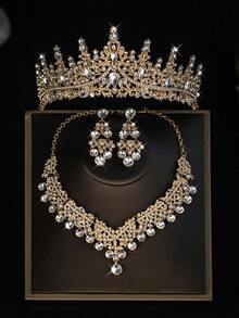4 件套新娘婚礼套装，包括时尚珠宝水晶皇冠、项链和耳环、婚礼仪式、派对、礼服配饰 - 金色 - 查看 5