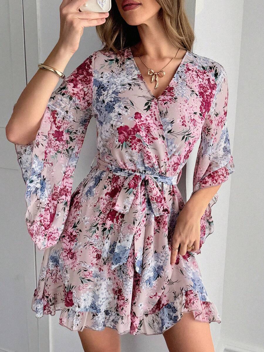 PoPoHouse 女士夏季连衣裙，透气舒适轻盈，印花荷叶边喇叭袖，腰部设计，适合日常通勤和度假穿着，优雅时尚。春夏连衣裙，情人节连衣裙，海滩度假连衣裙。