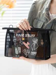 Larger Capacity Mesh Cosmetic Bag Printed With Letters 'Hair Stuff' And Hair Accessory Pattern, Multifunctional Cosmetic Pouch, For Clips, Headbands, Red Air Cushion Storage Portable Storage Bagtravel Essentials Vacation Summer Holiday Back To School School Stuff Bag For School Travel Bag For Women Makeup Bag For Travel - Multicolor - View 4