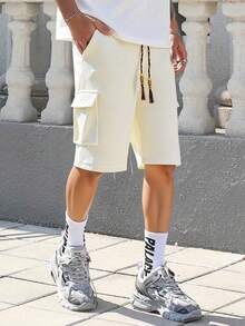 Fashion Design Men's Casual Summer Shorts With Elastic Waistband And Drawstring, Machine Washable With Pockets, Made Of Polyester - White - View 3