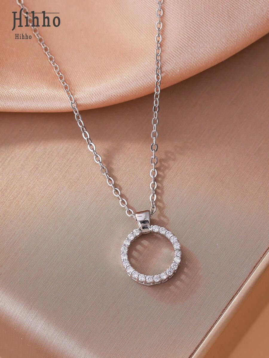 Hihho 1 Miếng Zirconia Dát Mặt dây chuyền hình tròn Dây chuyền Đối với phụ nữ , Tuyệt đẹp Đồ trang sức , Quà tặng hẹn hò - Bạc - Xem 1