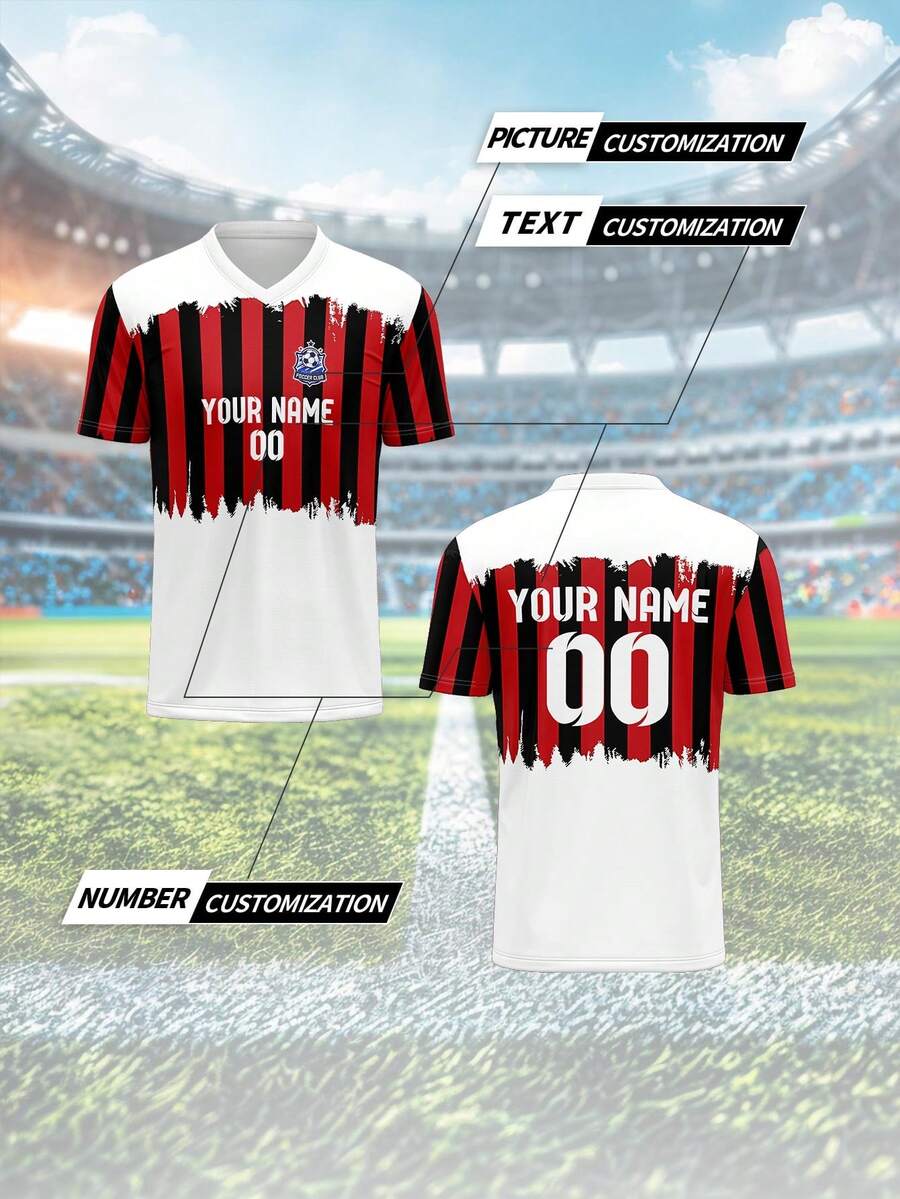 2025 Summer & Autumn Custom Football Jersey, AC Milan, Breathable Quick-Dry 210g Spring/Summer Unisex Sports Team Club Training V-Neck Shirt, Front & Back Printed Name, Number, Logo, Comfortable Fit For Daily, Casual, Party - Multicolor - View 1