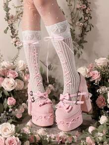 Womens Mary Jane Heels Platform Chunky Bow Heels Goth Round Toe Shoes Chunky High Heel Y2K Heels