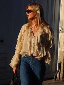 HH 2025 Spring Women Elegant V-Neck Blouse Single-Breasted Women Long Sleeves Laminated Decorative Solid Shirt - Beige - View 12