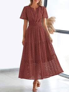 Womens Summer Maxi Dress Short Sleeve V Neck Hollow Out Eyelet A Line Long Flowy Beach Vacation Dresses - 棕紅色 - 查看 5