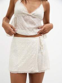Y2k Women Sparkly Sequin Tank Crop Top Glitter Rhinestone Backless Tie Up Halter Cami Beaded Going Out Camisole - 米色 - 查看 7