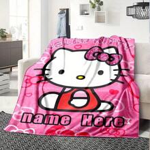 Sanrio Couverture personnalisée Hello chat avec nœud rose et cœurs - Flanelle ultra douce de 280 g/m², cadeau personnalisé pour les amis, petites amies, couverture douillette toutes saisons, couverture mignonne, design contemporain en flanelle, impression par transfert de chaleur