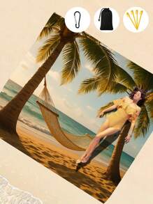 1 套夏季元素防沙沙滩毯套装包括沙滩垫、挂钩、手提袋、沙滩别针，适用于海滩、露营和野餐 - 彩色 - 查看 11