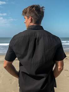 Men's Solid Color Casual Short Sleeve Shirt, Hawaii Resort & Beach - Black - View 2