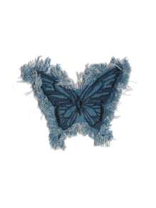 Hat Decoration, Denim Fabric, Washed Tassel, Beard Edge Effect, Butterfly-Shaped Embroidered Patch