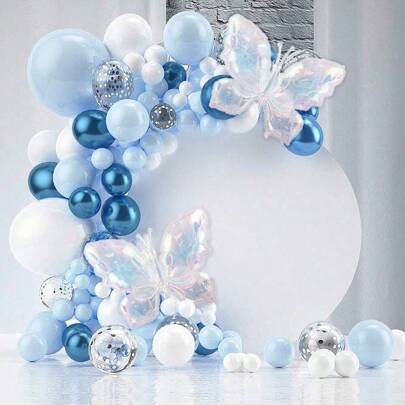 مجموعة بالونات فراشة زرقاء وشفافة، 88 قطعة بالونات معدنية كرومية زرقاء، بالونات زرقاء ماكرون وبالونات بيضاء مع بالونتي فراشة ملونتين كبيرتين، مثالية لديكور حفل استحمام العروس ذو موضوع الفراشات، حفل الزفاف، حفل باحيلوريت، حفل عيد الميلاد