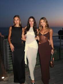 女士性感夏季网纱拼接不对称镂空吊带纯色连衣裙 - 毕业典礼派对优雅礼服 - 棕色 - 查看 4