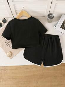 2pcs/Set Tween Girls Letter Slogan, Cherry & Number 8 Print Short Sleeve Cropped Top & Sports Shorts Set, Spring/Summer - Black - View 2