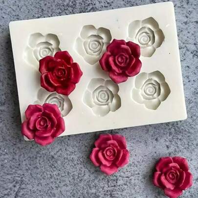 Molde de silicona de 6 cavidades en forma de flor rosa 3D para manualidades, fondant, chocolate, espuma, gelatina, cupcakes, herramienta de cocción, arcilla, yeso, resina'