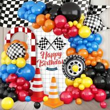 117 piezas Kit de guirnalda de arco de globos de carreras, con globos de aluminio a cuadros en azul, rojo, negro y naranja, decoraciones con temática de carreras adecuadas para fiestas de cumpleaños, competencias al aire libre, decoraciones para celebraciones.