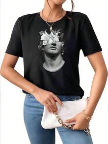 Camiseta Casual de Verano para Mujer con Estampado de Escultura Clásica y Manga Corta - Negro - Ver 2