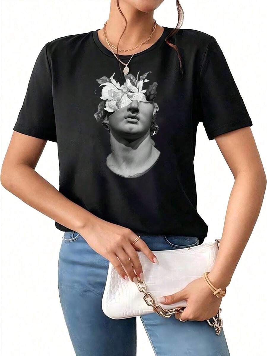 Camiseta Casual de Verano para Mujer con Estampado de Escultura Clásica y Manga Corta