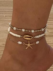3pcs/Set Boho Gold Shell & Starfish Pendant Anklet, Colorful Beaded Foot Jewelry Design, Suitable For Women, Beach Party, Sensual Display, Great Gift For Mom, Friend
