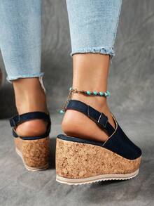 Plateausandale mit Keilabsatz und wasserdichtem Zehenbereich für Damen, retro Leopardenmuster, eleganter boho-Stil mit Holzmaserung, Strandschuhe - Blau - Übersicht 5