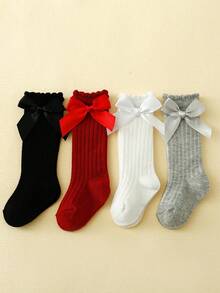 4 Pairs Children Long Socks, Princess Style Bow Design, Girls Knee High Socks, Suitable For Spring, Summer, Autumn - Multicolor - View 2