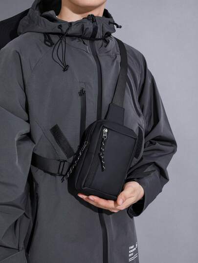 Men's New Simple Chest Bag, Fashion Versatile Black Zipper Small Backpack, Sports & Casual Messenger Bag