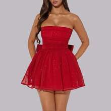 Strapless Short Dress Pleated Homecoming Dresses For Teens Sparkly Tulle Prom Cocktail Party Gowns With Bow Formal Dress Wear - Black - View 7