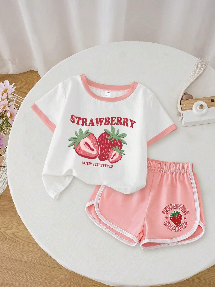 2 件套青少年女孩服装套装草莓印花 T 恤和短裤可爱柔软夏季舒适休闲