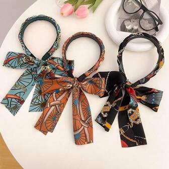 Satin Floral Print Bow Ribbon Headband For Women, All-In-One Elegant Hair Accessory Hairband Diadema Hair Hoop