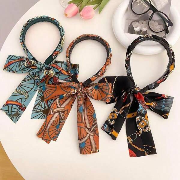 Diadema con lazo y estampado floral de satén para mujeres, accesorio de cabello elegante todo en uno: diadema, aro para el cabello