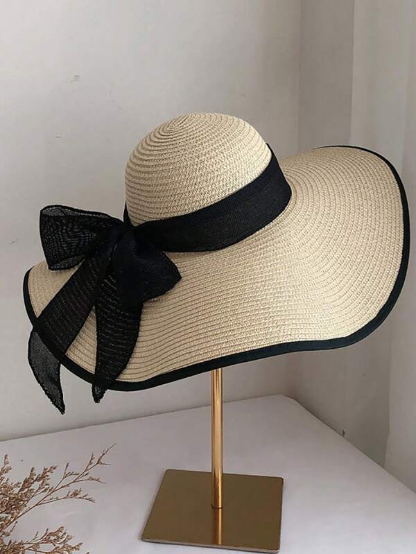 Chapeau de soleil à large bord pour femmes, chapeau de paille décontracté de plage pour les vacances, mode