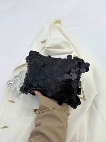 Fashionable Sequin Decorated Rectangular Women Handbag, Personalized Zipper Closure Crossbody Bag, Niche Design Chain Shoulder Bag For Parties