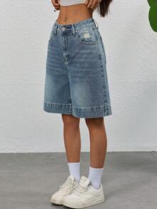 American Casual Loose Straight Leg Ripped Washed Blue Denim Shorts Women, Loose Shorts With Design, Spring/Summer - Blue - View 2