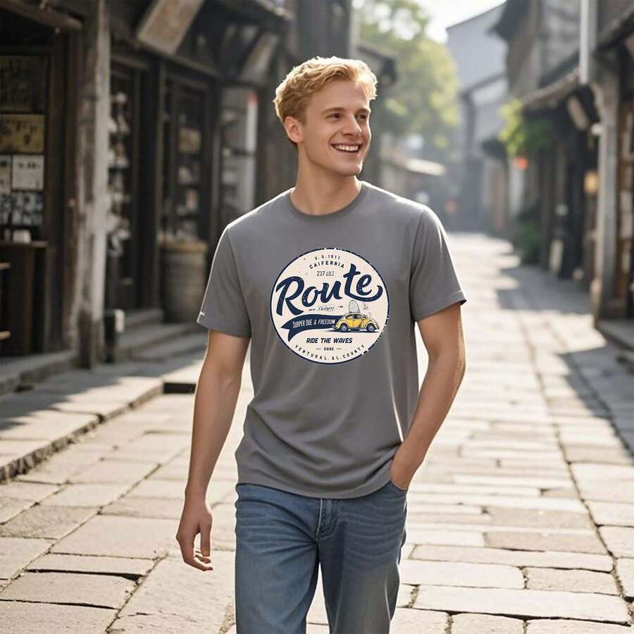 Unisex Cotton T - Shirt Set With "Route" Text And Car Print, Along With "CALIFORNIA 127 MILES SPEND LIFE A FRIEND ROSE THE WAVES" - American Road - Style - 灰色 - 查看 1