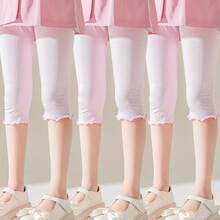 3 条女童/儿童/幼儿荷叶边下摆七分紧身裤，纯白色/灰色/黑色/粉色，轻盈的 3/4 长裤，休闲可爱时尚，适合日常穿着，柔软舒适，可搭配衬衫/连衣裙，适合学生