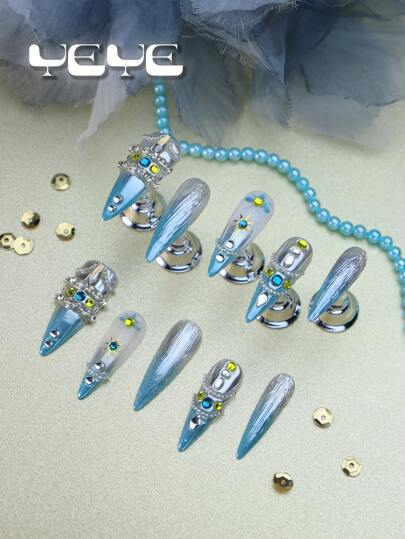 Add A Touch Of Romance With Charming 10pcs Stiletto Shape Handmade Charms The Middle East 3d Three-Dimensional Decoration Rhinestone Decor Nordic Full Coverage Press On Nails Set Exotic Charm Gradient Metal Blue White Royal Elegant Full Coverage Acrylic Fake Nails Kit For Women And Girls Wedding Nails & 1pc Mini Nail File & 1 Sheet Adhesive Tabs