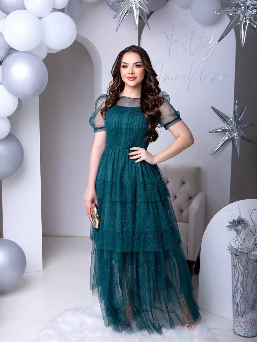 Women's Long Tulle Dress With Shiny Layers And Puff Sleeves Sophistication And Romance In Every Detail - Verde - Ver 1