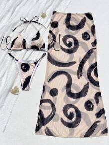 Women's Elegant Summer Beach Twist Print Tie Bikini Set With Coverup And Skirt