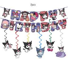 Sanrio 88pcs Sanrio Kuromi Party Supplies,Included Birthday Banner,Hanging Vortex, Plates,Napkins,Tablecloth,Paper Cup,For Kuromi Decorations,Kuromi Birthday Party Decorations,Kuromi Party Decorations