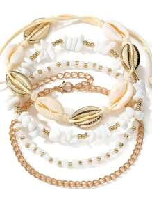 4 Stücke/Set Damen Mode Muschel & Perlen Fußkette, bohemische Strandschmuck für die Füße