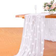 1pc Pearl Flower Tulle Table Runner, Pearl Chiffon Fabric, For Wedding Table, Bridal Shower, Bridal Veil, Birthday Party Decor