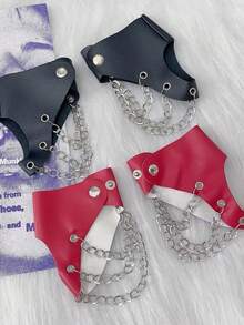 1 双 Y2K 朋克风格链条露指手套，性感前卫舞者表演者角色扮演配饰仿皮半指袖套