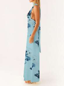 Women Sleeveless V Neck Formal Party Evening Cocktail Long Dress Halter Neck Open Back Silk Satin Maxi Dresses With Scarf - Xám Xanh - Xem 4