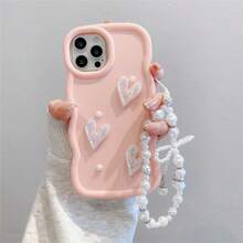 1 件可爱多巴胺马卡龙波浪手机壳，兼容 16/Redmi Note 11 4G/Galaxy A55/Infinix Note 30/ Moto E30/Camon 20/Camon 20 Pro 4G/Spark 8C/ Spark Go 2022/Smart 7 & Smart 8，带琥珀珍珠心形 + 蝴蝶结挂绳 - 粉色 - 查看 2