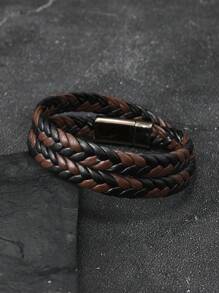 Pulseira de couro trançado multicamadas, acessório minimalista e personalizado com fecho magnético para casais, adequada para uso diário e presente