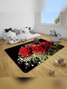 Super Soft Velvet Red Rose Pattern Floor Mat - Non-Slip Polyester Rug, Elegant Floral Design, Suitable For Living Room, Bedroom, Bathroom And Home Decor, Bedroom Accent | Refined Style | Machine Washable Fabric, Washable Area Rug - Multicolor - View 6